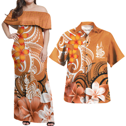 New Caledonia Polynesian Pattern Combo Dress And Shirt - Floral Spirit Orange
