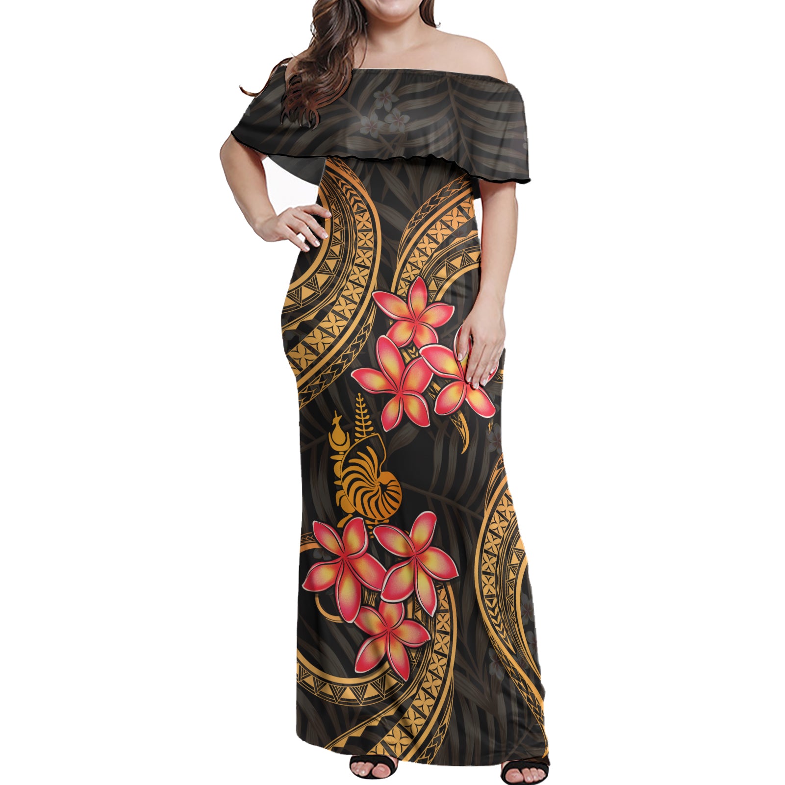 New Caledonia Woman Off Shoulder Long Dress Polynesian Gold Plumeria