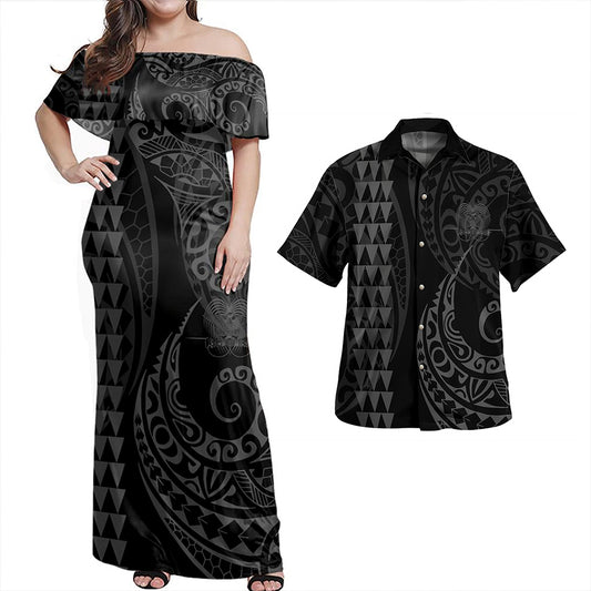 Papua New Guinea Combo Dress And Shirt Coat Of Arms Kakau Style Grey