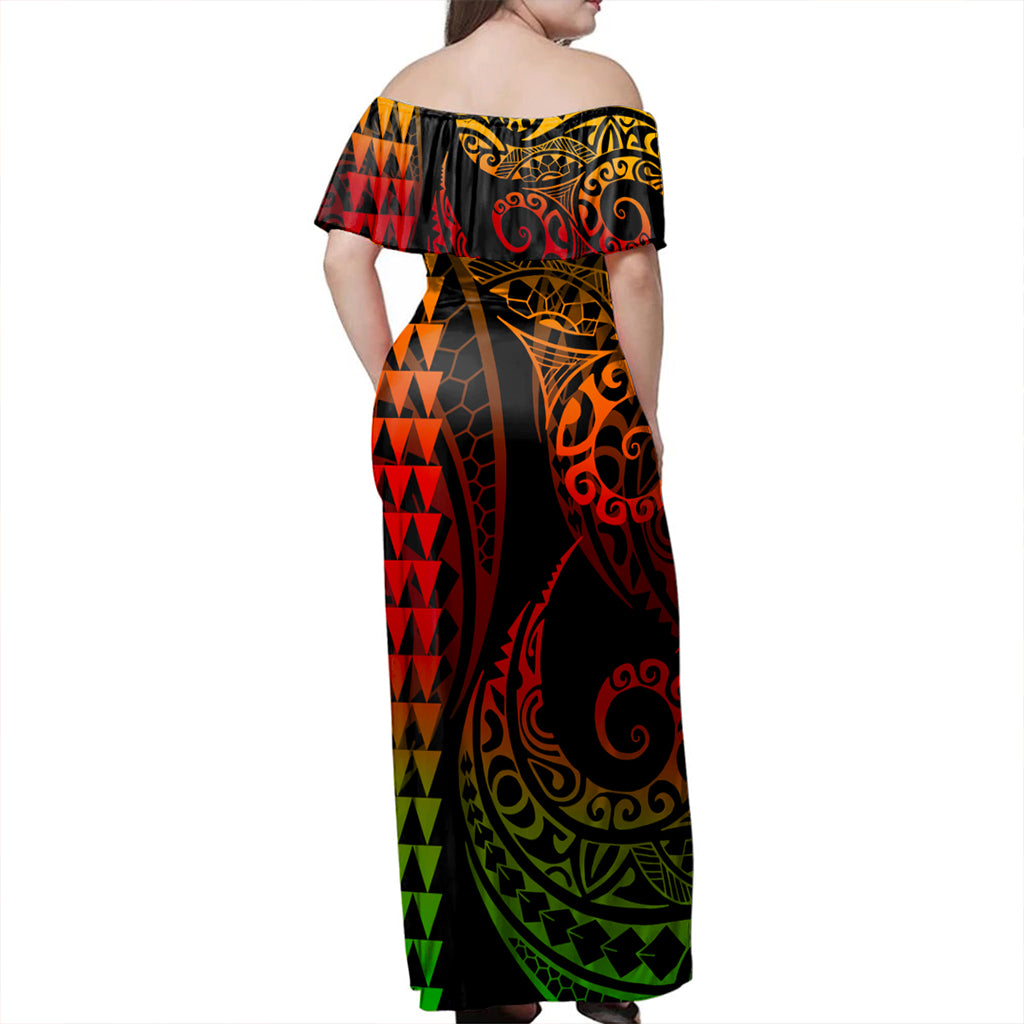 Papua New Guinea Woman Off Shoulder Long Dress Coat Of Arms Kakau Style Reggae