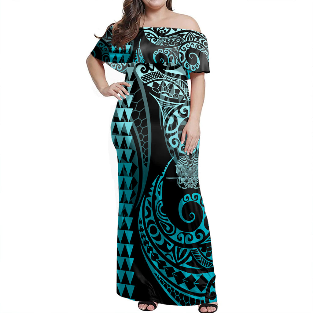 Papua New Guinea Woman Off Shoulder Long Dress Coat Of Arms Kakau Style Turquoise
