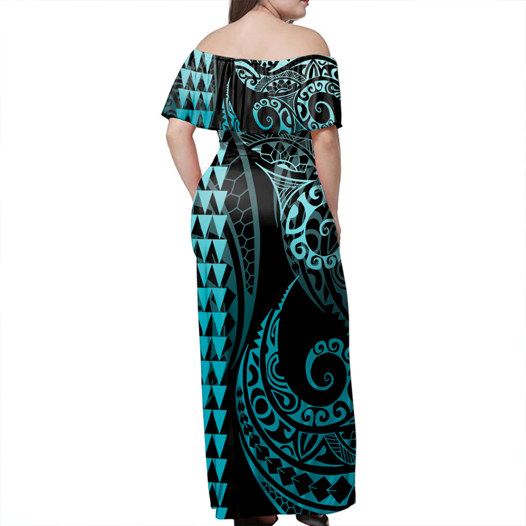 Papua New Guinea Woman Off Shoulder Long Dress Coat Of Arms Kakau Style Turquoise