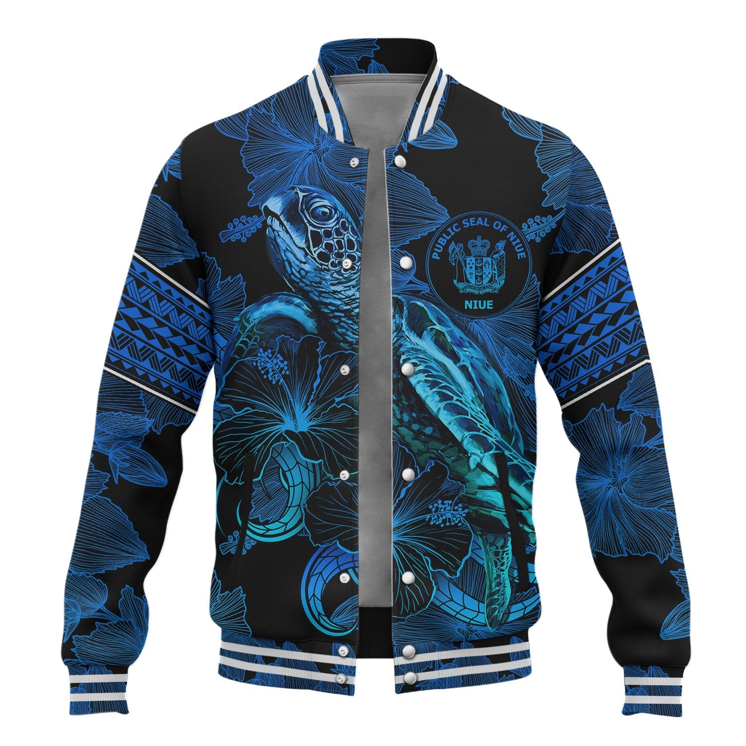 Niue Baseball Jacket Sea Turtle With Blooming Hibiscus Flowers Tribal Blue