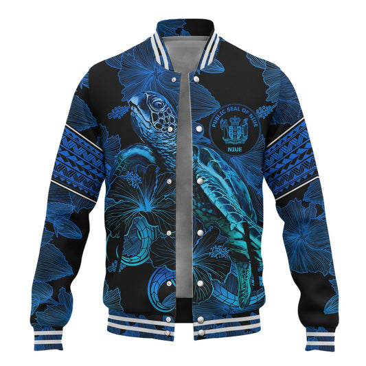 Niue Baseball Jacket Sea Turtle With Blooming Hibiscus Flowers Tribal Blue