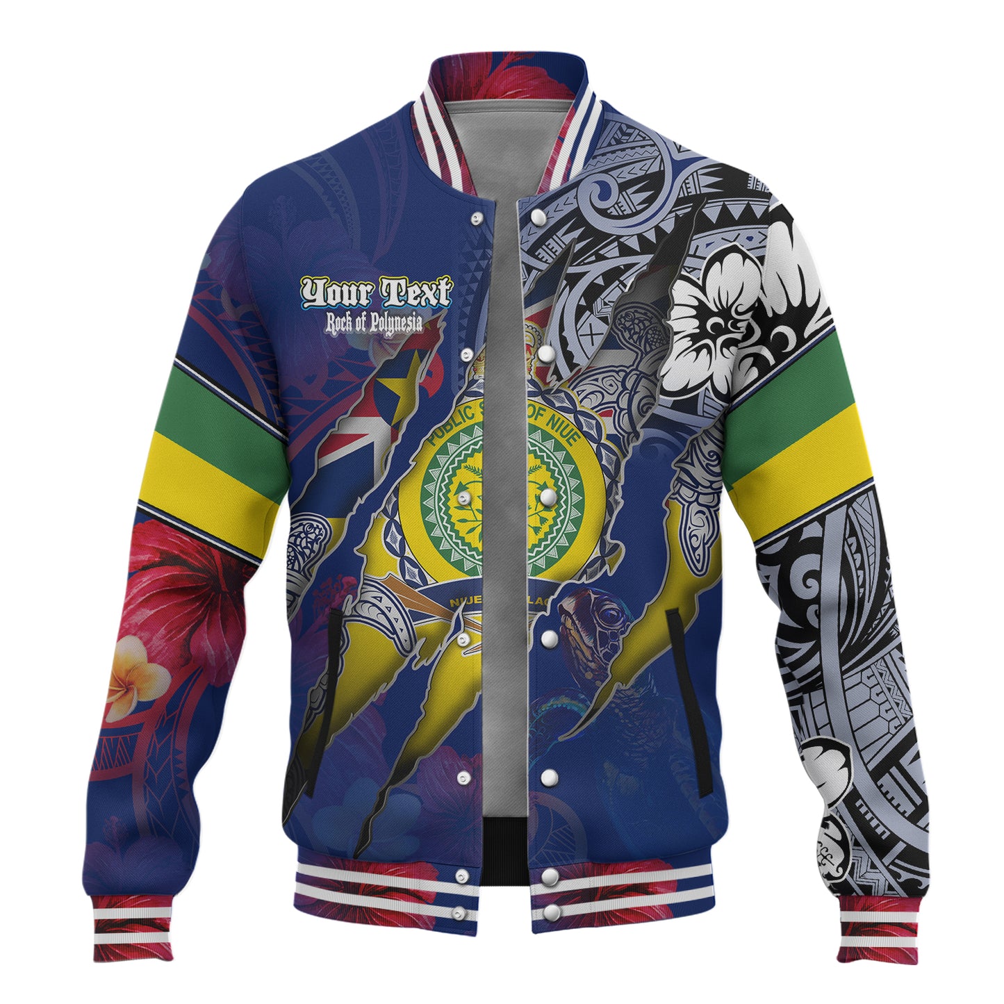 Niue Baseball Jacket Custom Niuean Blood Inside Me Polynesian Sleeve Tattoo Tropical Blue