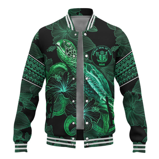 Niue Baseball Jacket  Sea Turtle With Blooming Hibiscus Flowers Tribal Green