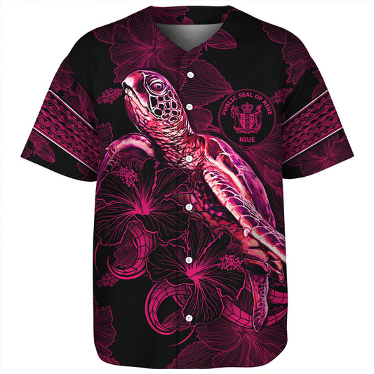 Niue Baseball Shirt Sea Turtle With Blooming Hibiscus Flowers Tribal Maroon