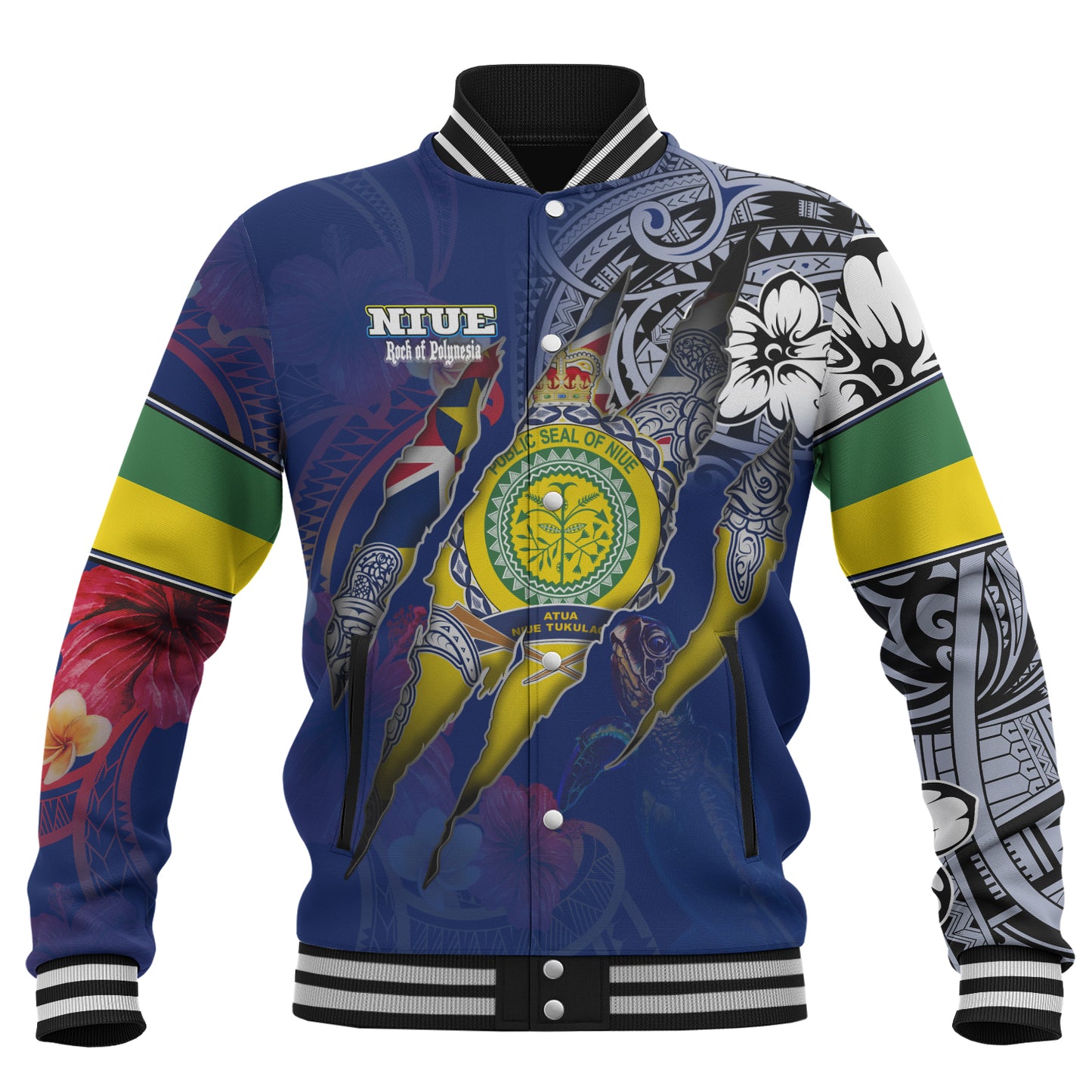 Niue Baseball Jacket Custom Niuean Blood Inside Me Polynesian Sleeve Tattoo Tropical Blue