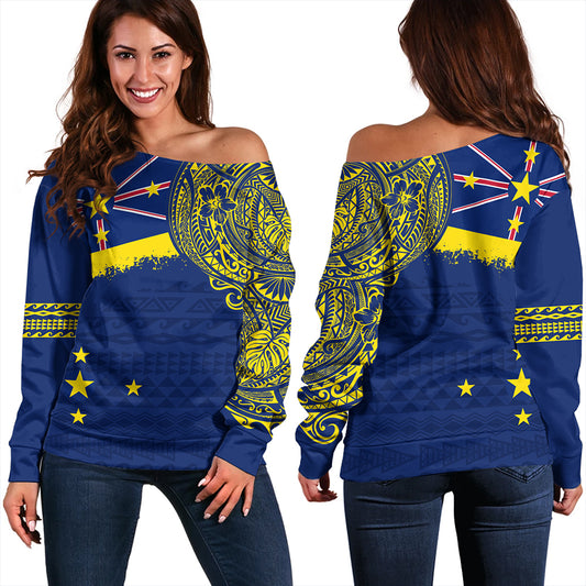 Niue Off Shoulder Sweatshirt Polynesian Flag With Coat Of Arms