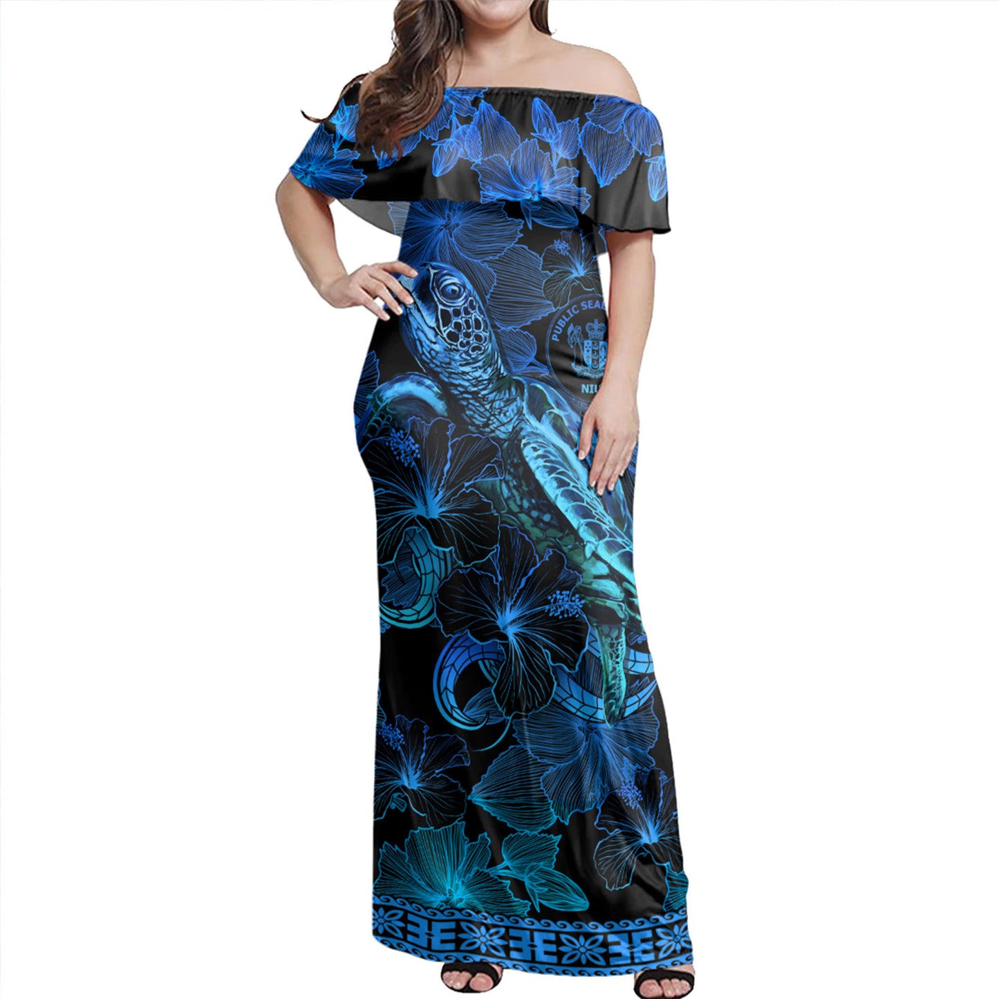 Niue Combo Off Shoulder Long Dress And Shirt Sea Turtle With Blooming Hibiscus Flowers Tribal Blue