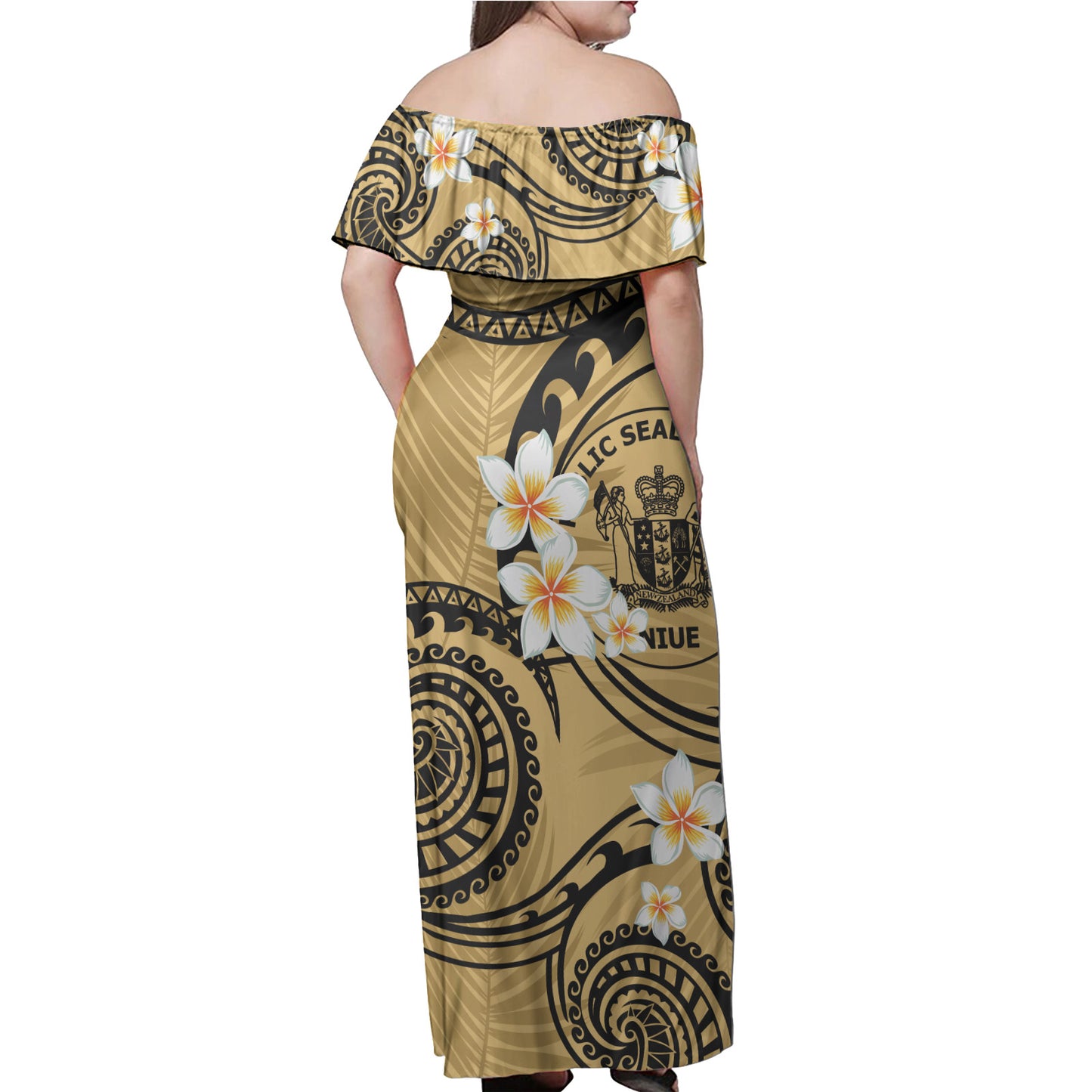 Niue Off Shoulder Long Dress Plumeria Flowers Tribal Motif Yellow Version 1.0