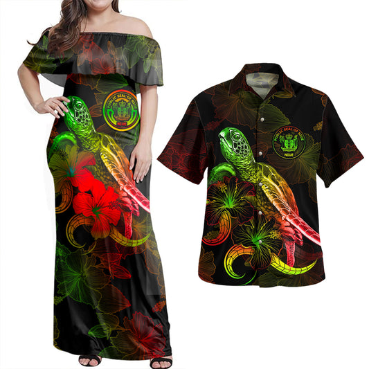 Niue Combo Dress And Shirt - Sea Turtle With Blooming Hibiscus Flowers Reggae