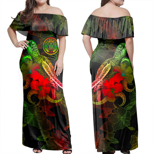 Niue Woman Off Shoulder Long Dress - Sea Turtle With Blooming Hibiscus Flowers Reggae