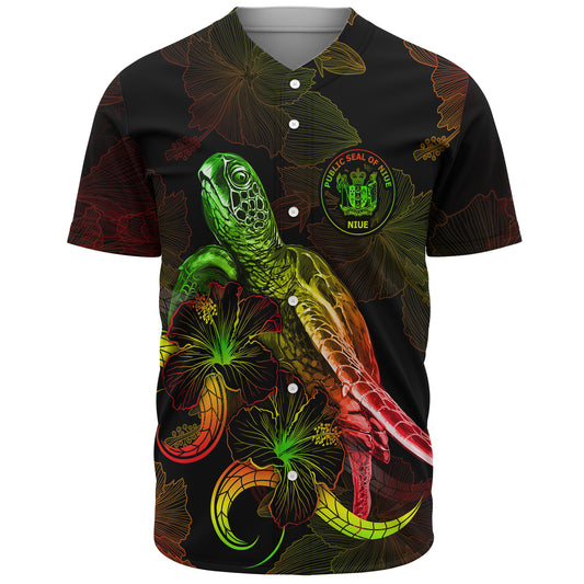 Niue Baseball Shirt Sea Turtle With Blooming Hibiscus Flowers Reggae