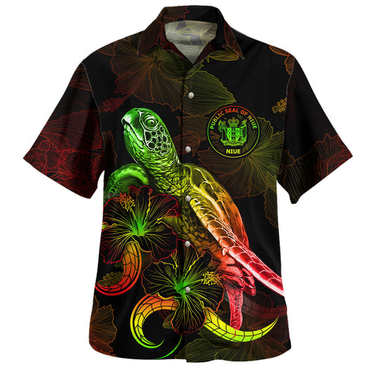 Niue Hawaiian Shirt Sea Turtle With Blooming Hibiscus Flowers Reggae