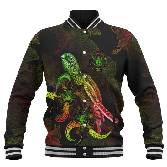 Niue Baseball Jacket Sea Turtle With Blooming Hibiscus Flowers Reggae