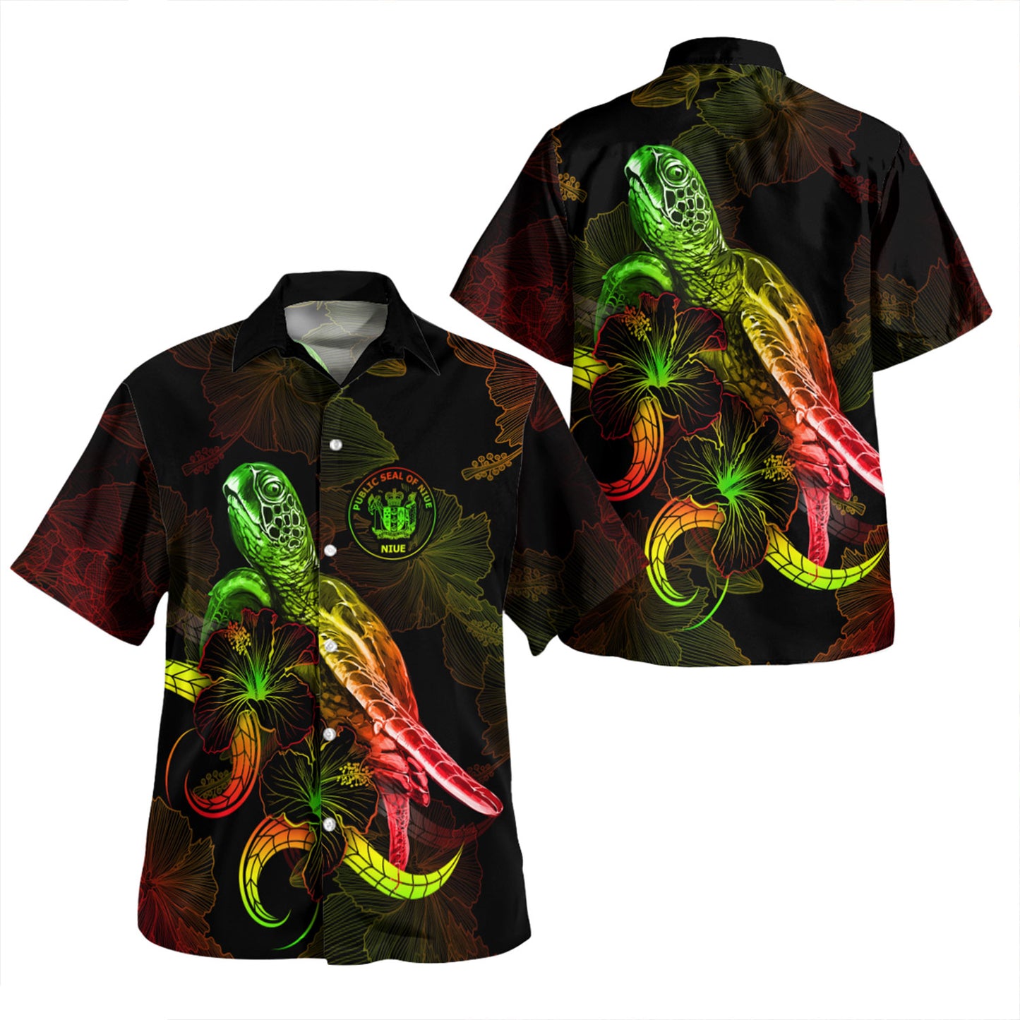 Niue Combo Dress And Shirt - Sea Turtle With Blooming Hibiscus Flowers Reggae