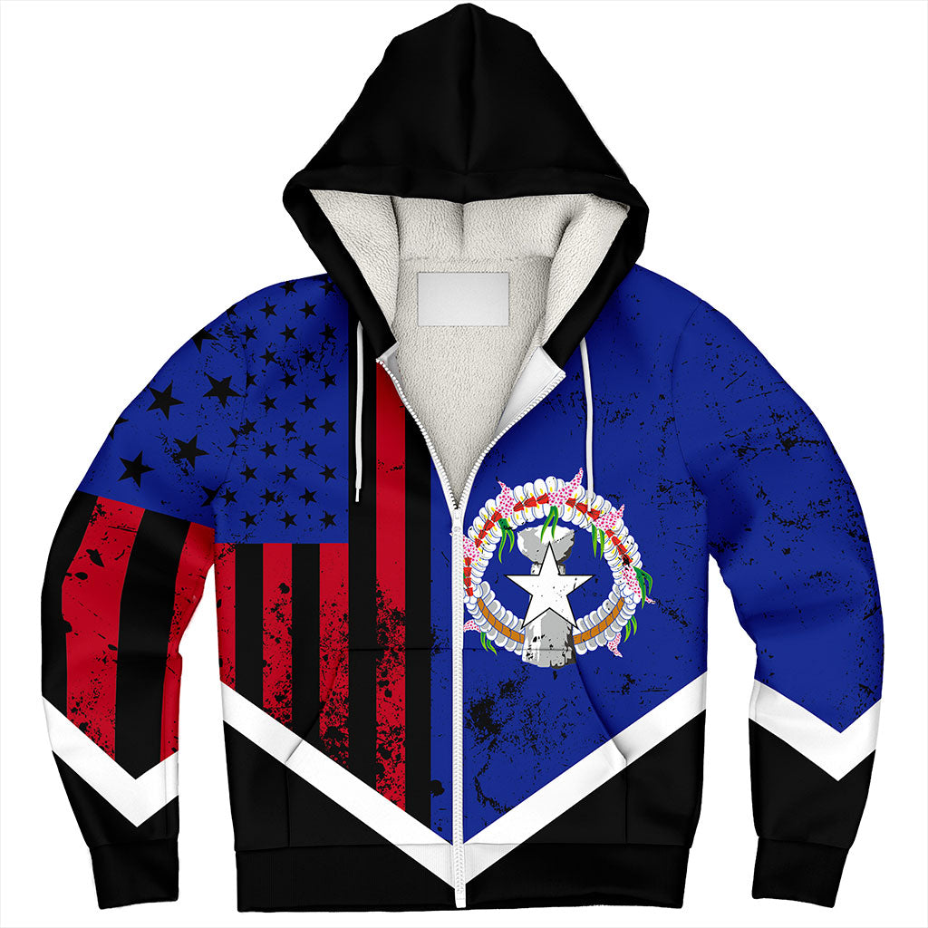 Northern Mariana Islands Sherpa Hoodie Flag And American Half Concept Brush Style