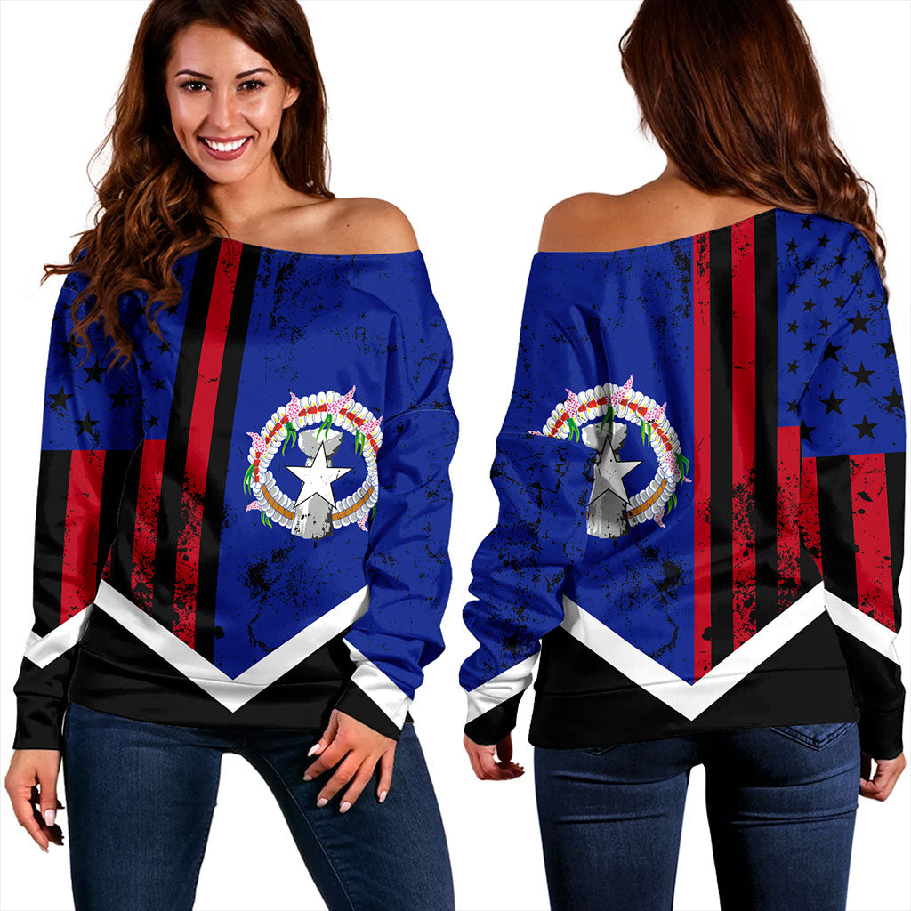 Northern Mariana Islands Off Shoulder Sweatshirt Flag And American Half Concept Brush Style