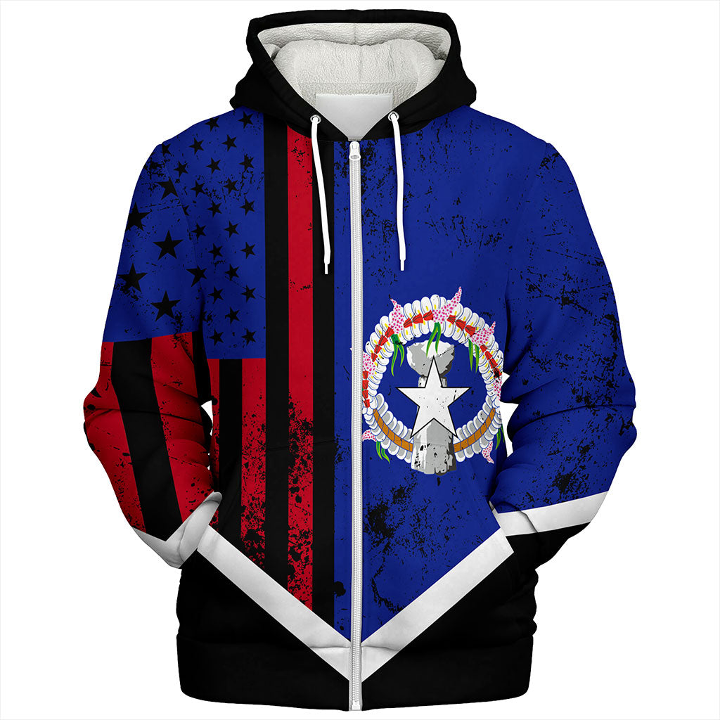 Northern Mariana Islands Sherpa Hoodie Flag And American Half Concept Brush Style