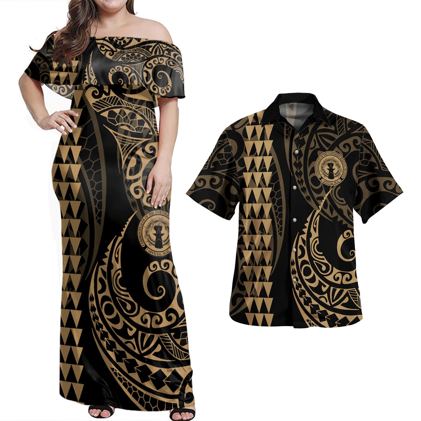 Northern Mariana Islands Combo Dress And Shirt Kakau Style Gold