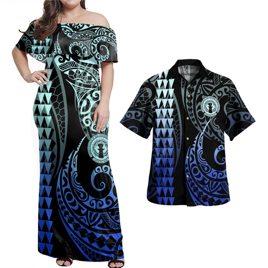 Northern Mariana Islands Combo Dress And Shirt Kakau Style Gradient Blue