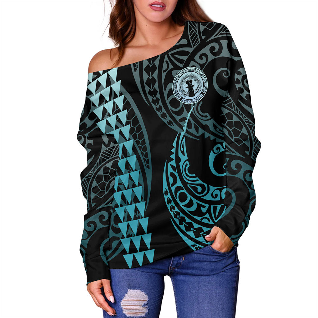Northern Mariana Islands Off Shoulder Sweatshirt Kakau Style Ver.1