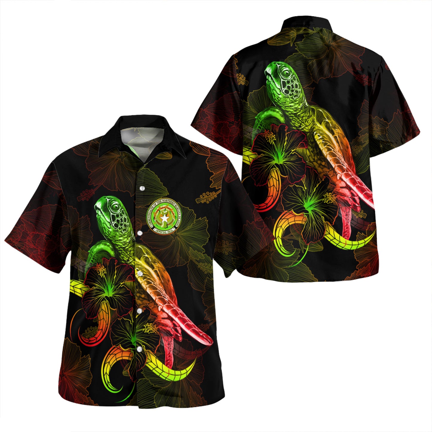 Northern Mariana Islands Combo Dress And Shirt - Sea Turtle With Blooming Hibiscus Flowers Reggae