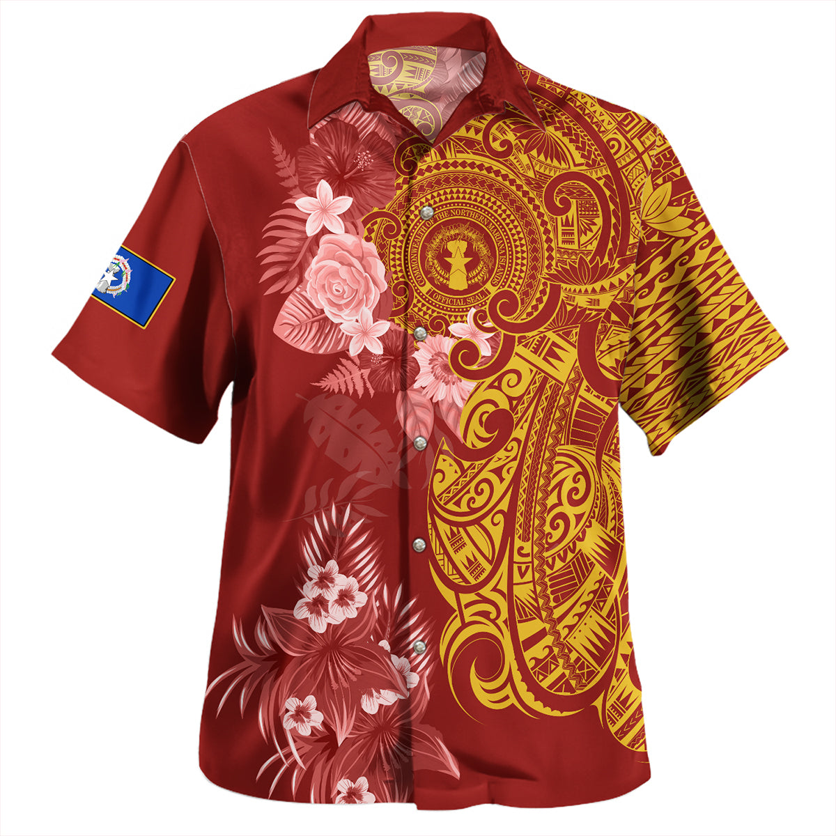 Northern Mariana Islands Combo Puletasi And Shirt Polynesian Tropical Plumeria Tribal Red