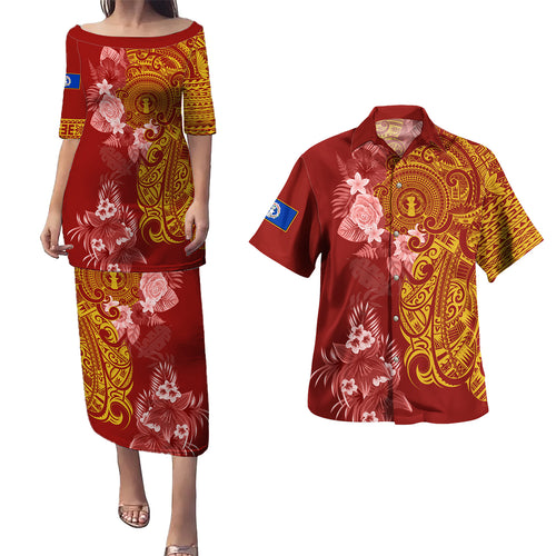 Northern Mariana Islands Combo Puletasi And Shirt Polynesian Tropical Plumeria Tribal Red