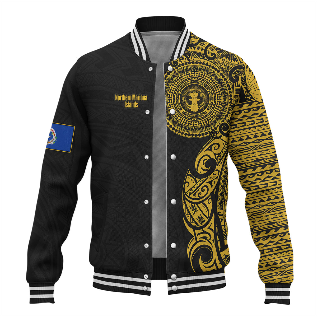 Northern Mariana Islands Baseball Jacket Custom Polynesian Half Sleeve Gold Tattoo With Seal Black
