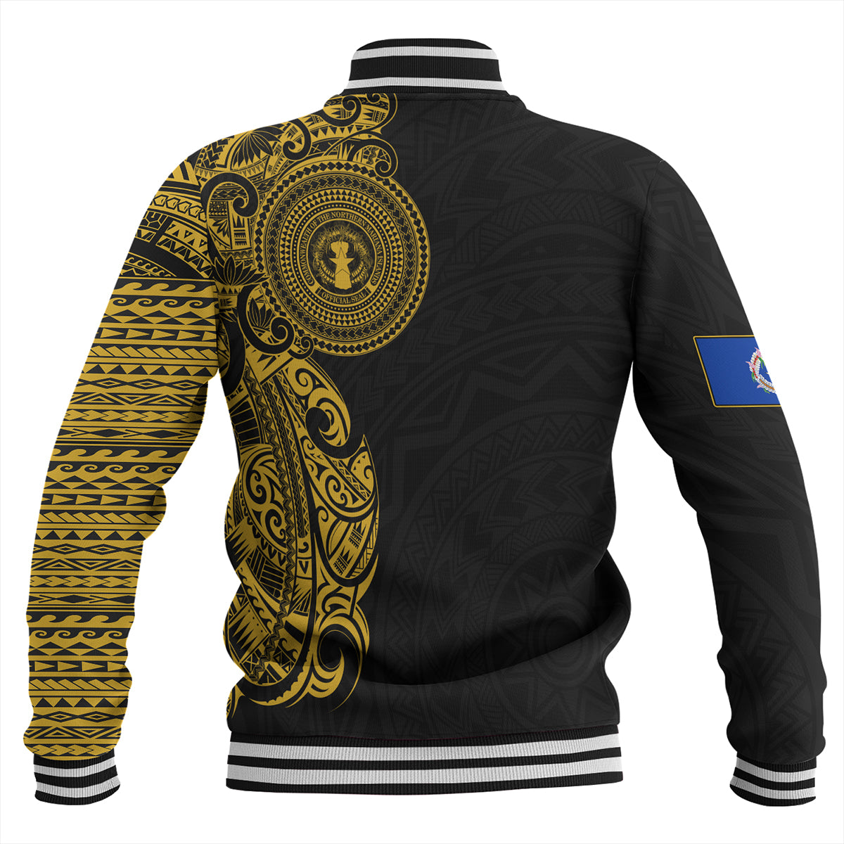 Northern Mariana Islands Baseball Jacket Custom Polynesian Half Sleeve Gold Tattoo With Seal Black
