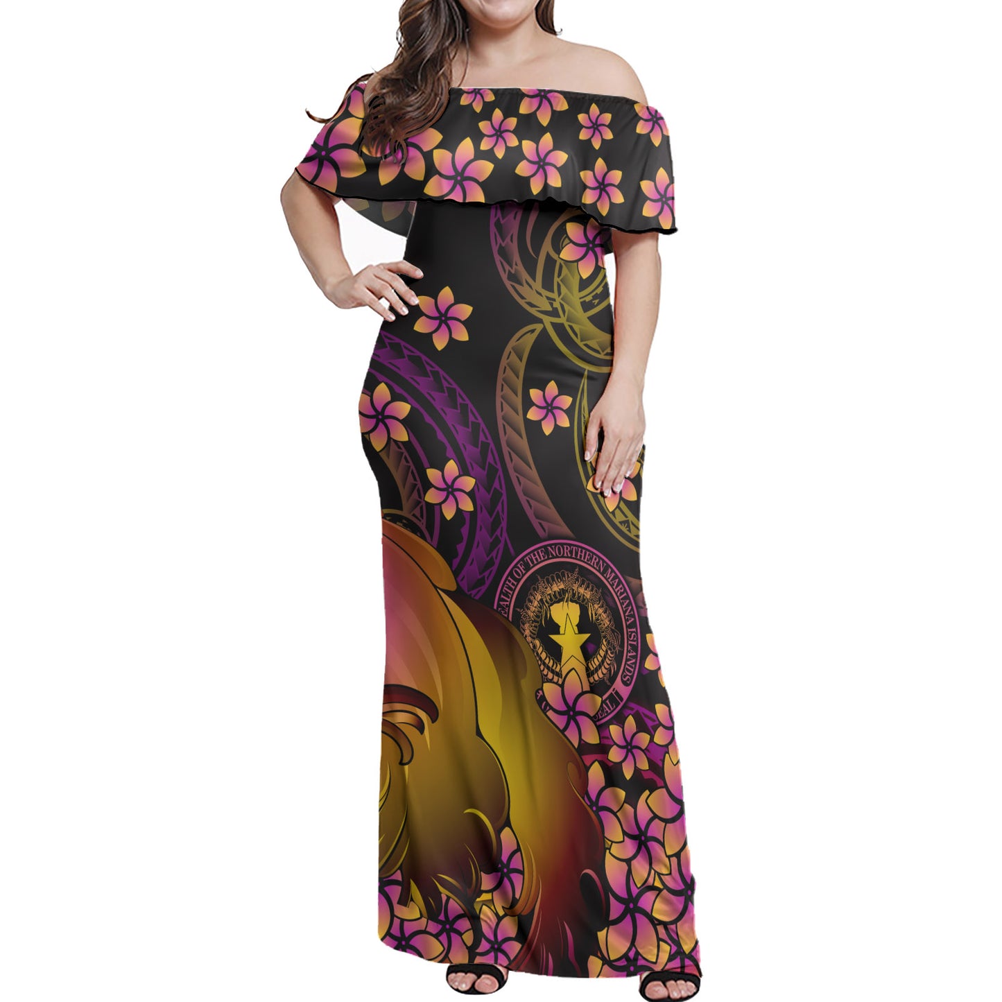 Northern Mariana Islands Polynesian Pattern Combo Dress And Shirt Plumeria In Wave