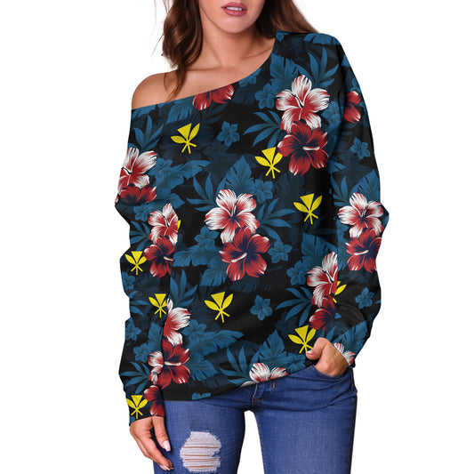 Hawaii Off Shoulder Sweatshirt Kanaka Islands Pattern Floral