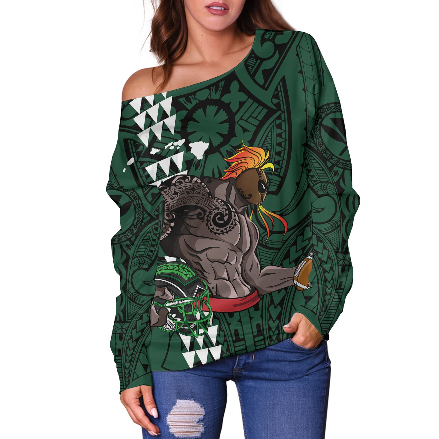 Hawaii Off Shoulder Sweatshirt Map Kanaka Football Style