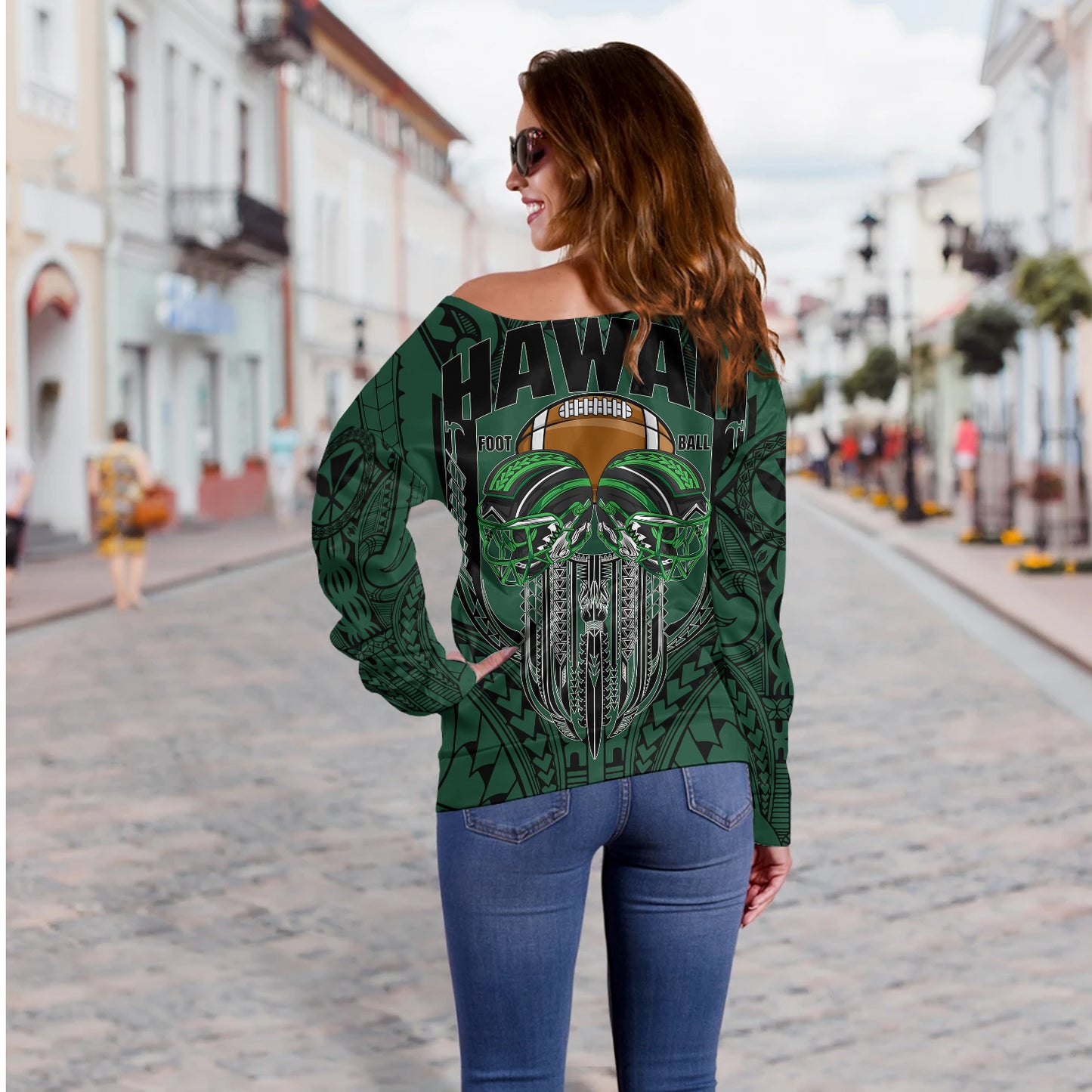 Hawaii Off Shoulder Sweatshirt Map Kanaka Football Style