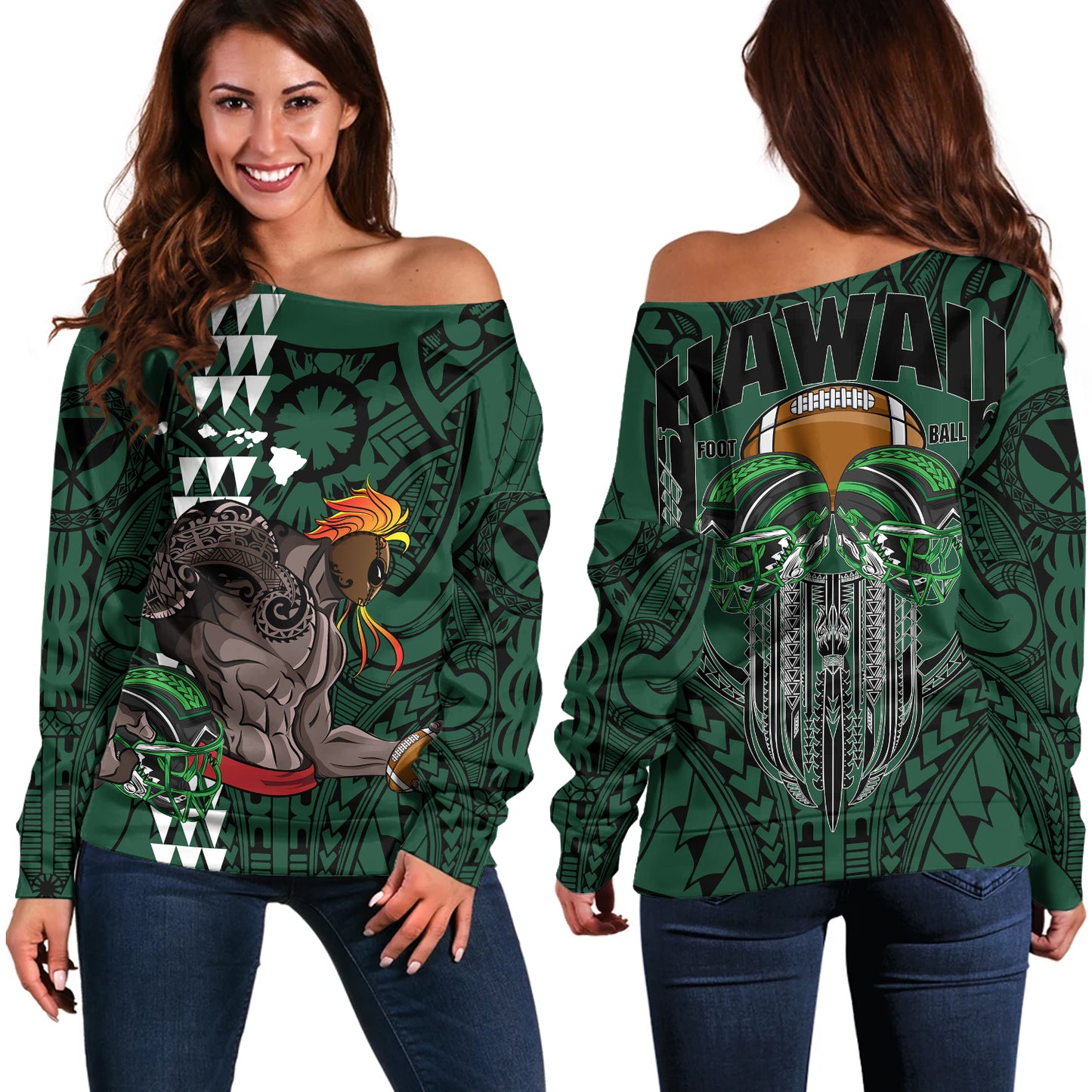 Hawaii Off Shoulder Sweatshirt Map Kanaka Football Style
