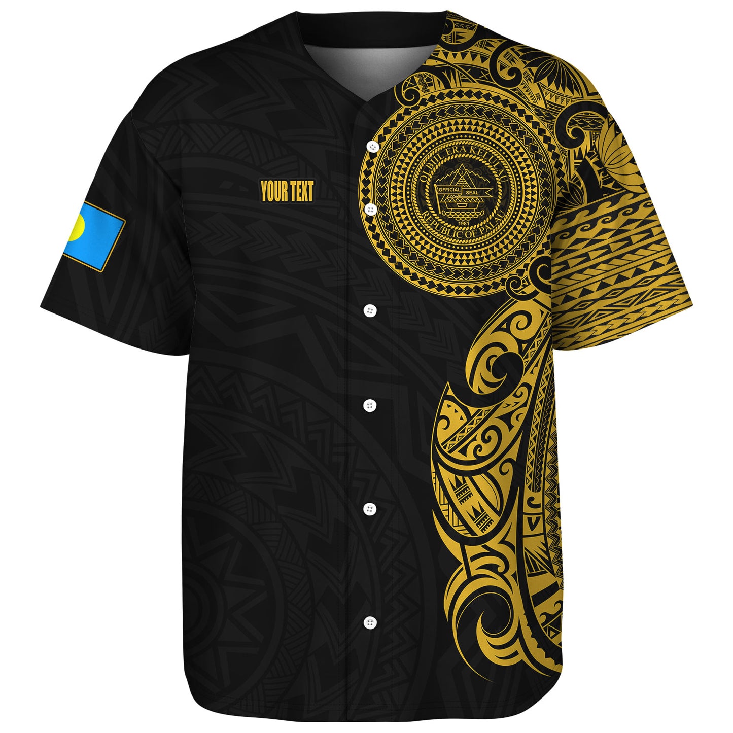 Palau Baseball Shirt Custom Polynesian Half Sleeve Gold Tattoo With Seal Black