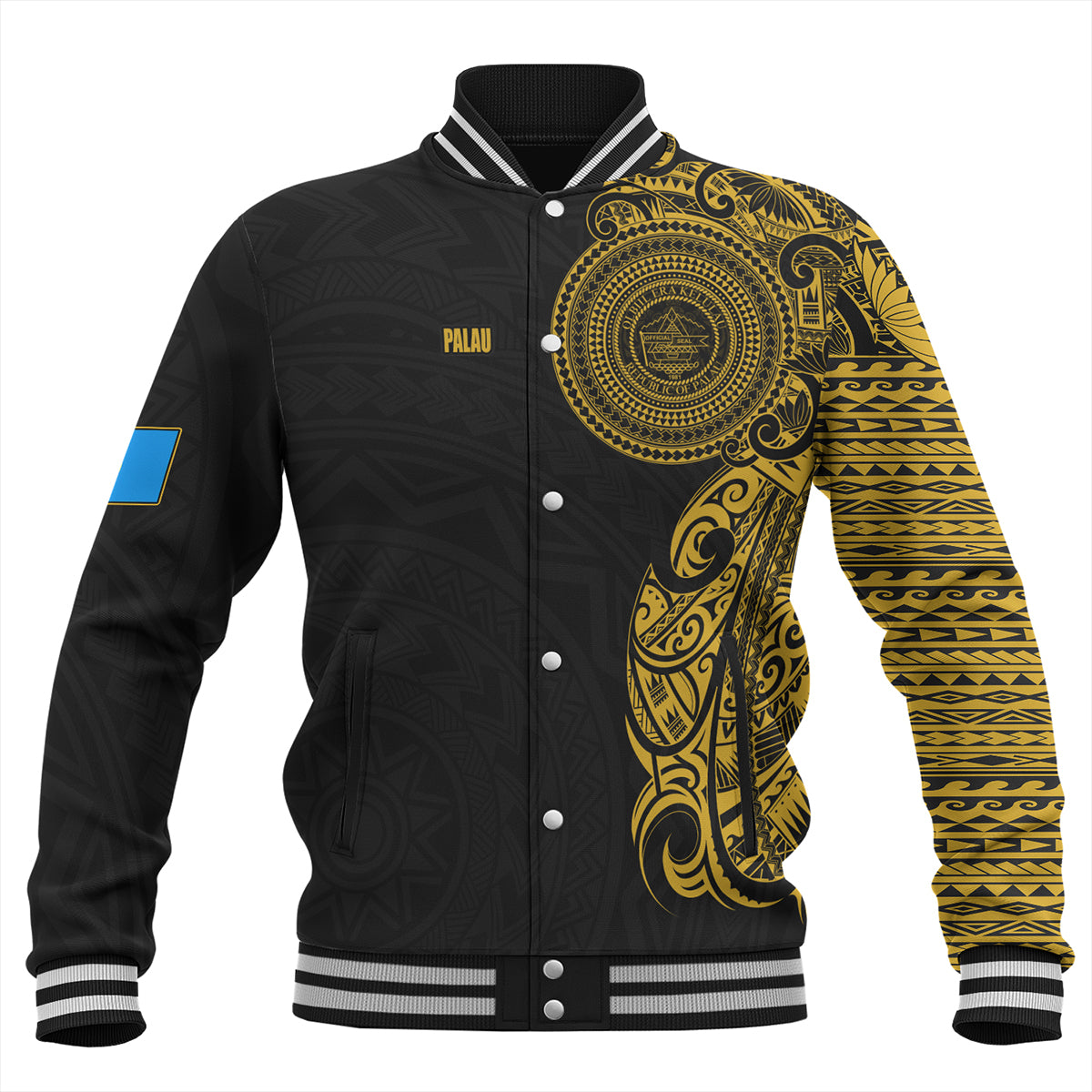 Palau Baseball Jacket Custom Polynesian Half Sleeve Gold Tattoo With Seal Black