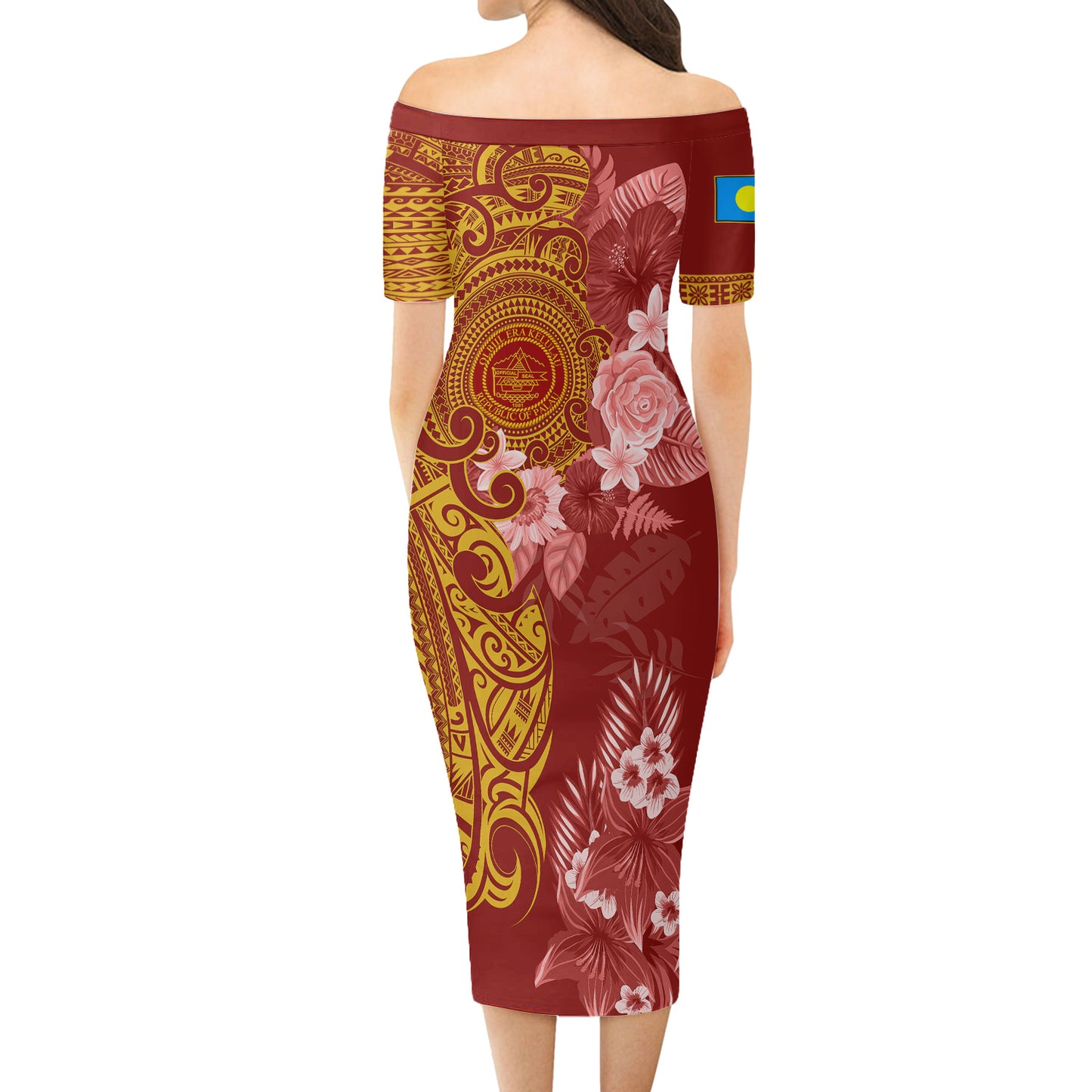 Palau Short Sleeve Off The Shoulder Lady Dress Polynesian Tropical Plumeria Tribal Red