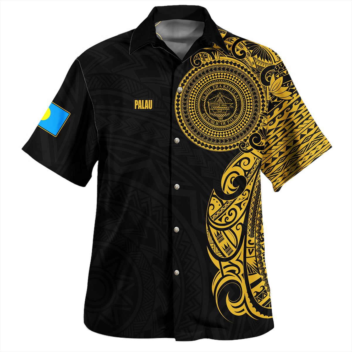 Chuuk State Hawaiian Shirt Custom Polynesian Half Sleeve Gold Tattoo With Seal Black