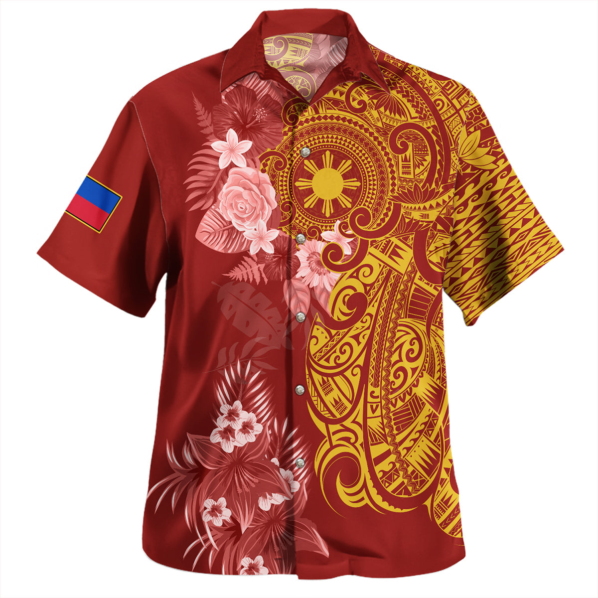 Philippines Filipinos Combo Puletasi And Shirt Polynesian Tropical Plumeria Tribal Red