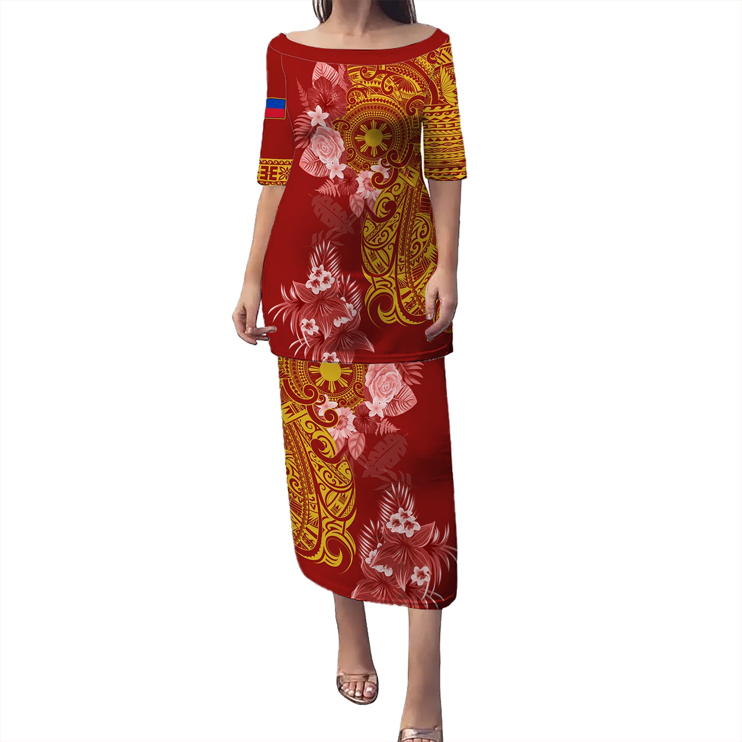 Philippines Filipinos Combo Puletasi And Shirt Polynesian Tropical Plumeria Tribal Red
