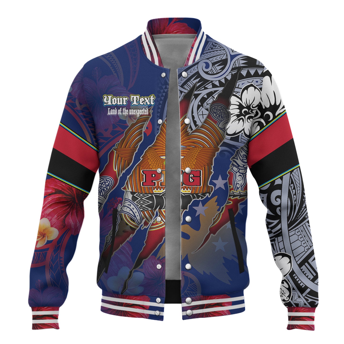 Papua New Guinea Baseball Jacket Custom Papuan Blood Inside Me Polynesian Sleeve Tattoo Tropical Blue