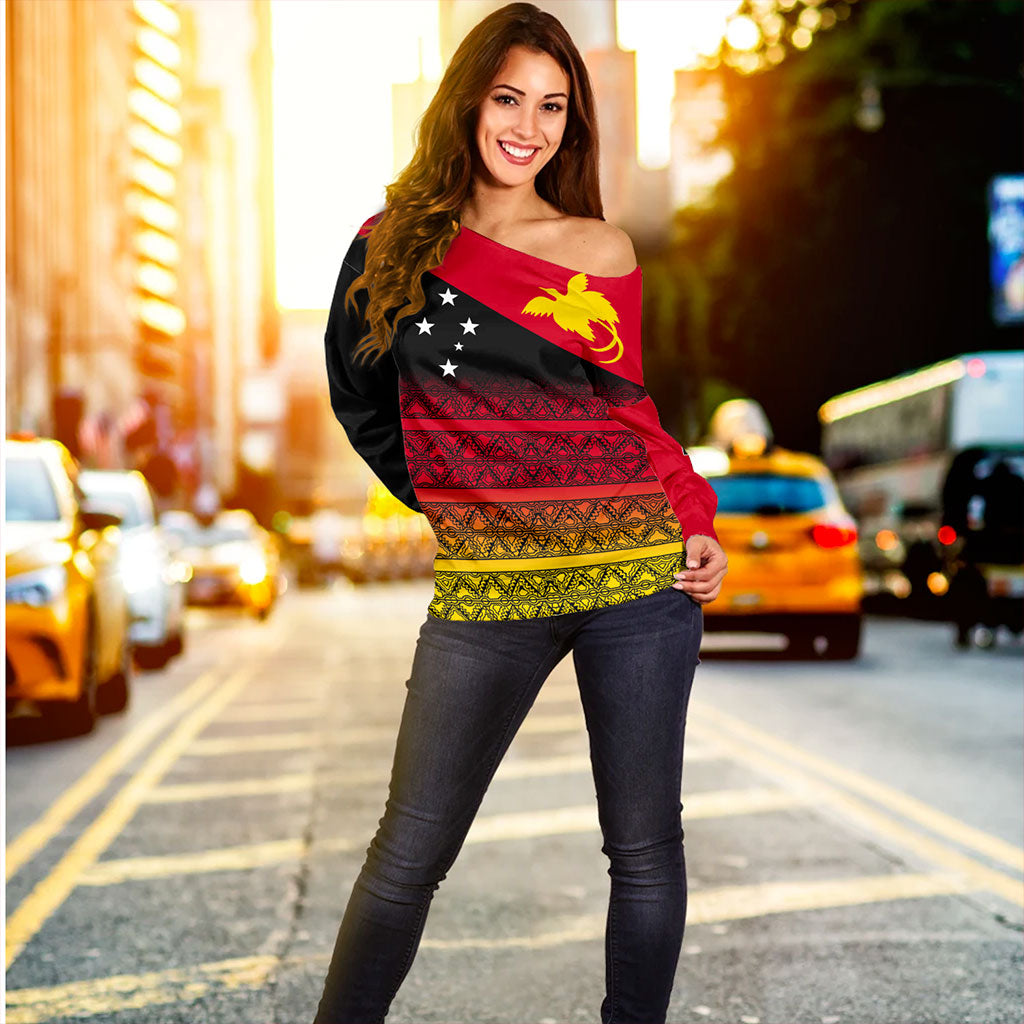 Papua New Guinea Off Shoulder Sweatshirt Flag Pattern Tapa Clothes
