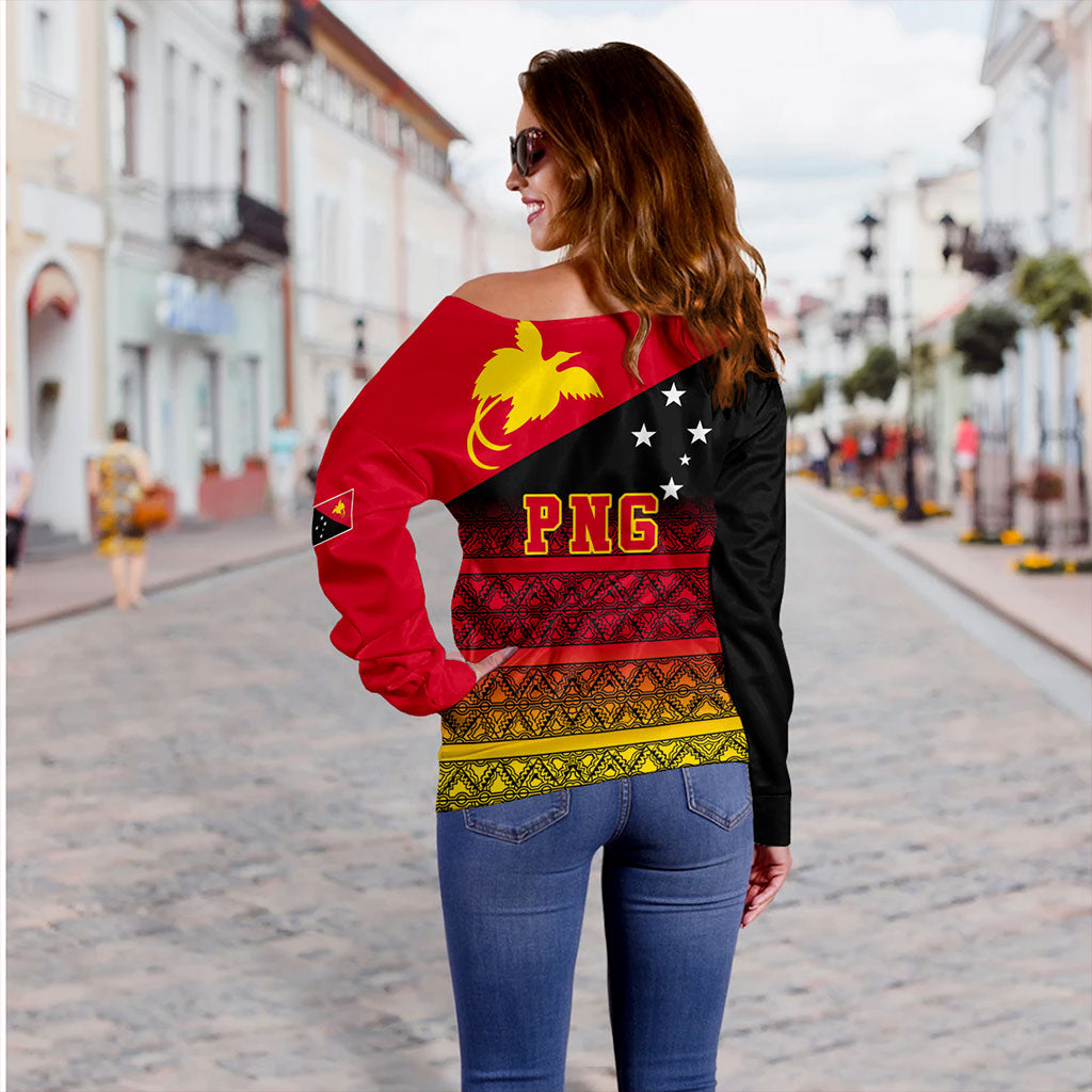 Papua New Guinea Off Shoulder Sweatshirt Flag Pattern Tapa Clothes