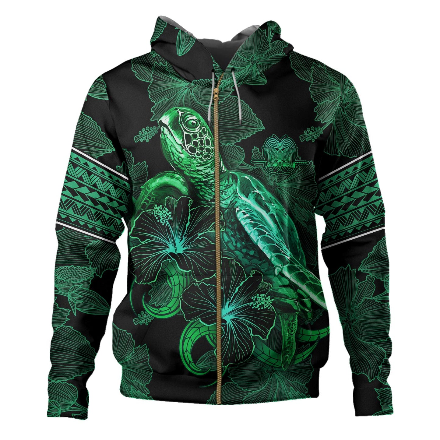 Papua New Guinea Hoodie  Sea Turtle With Blooming Hibiscus Flowers Tribal Green