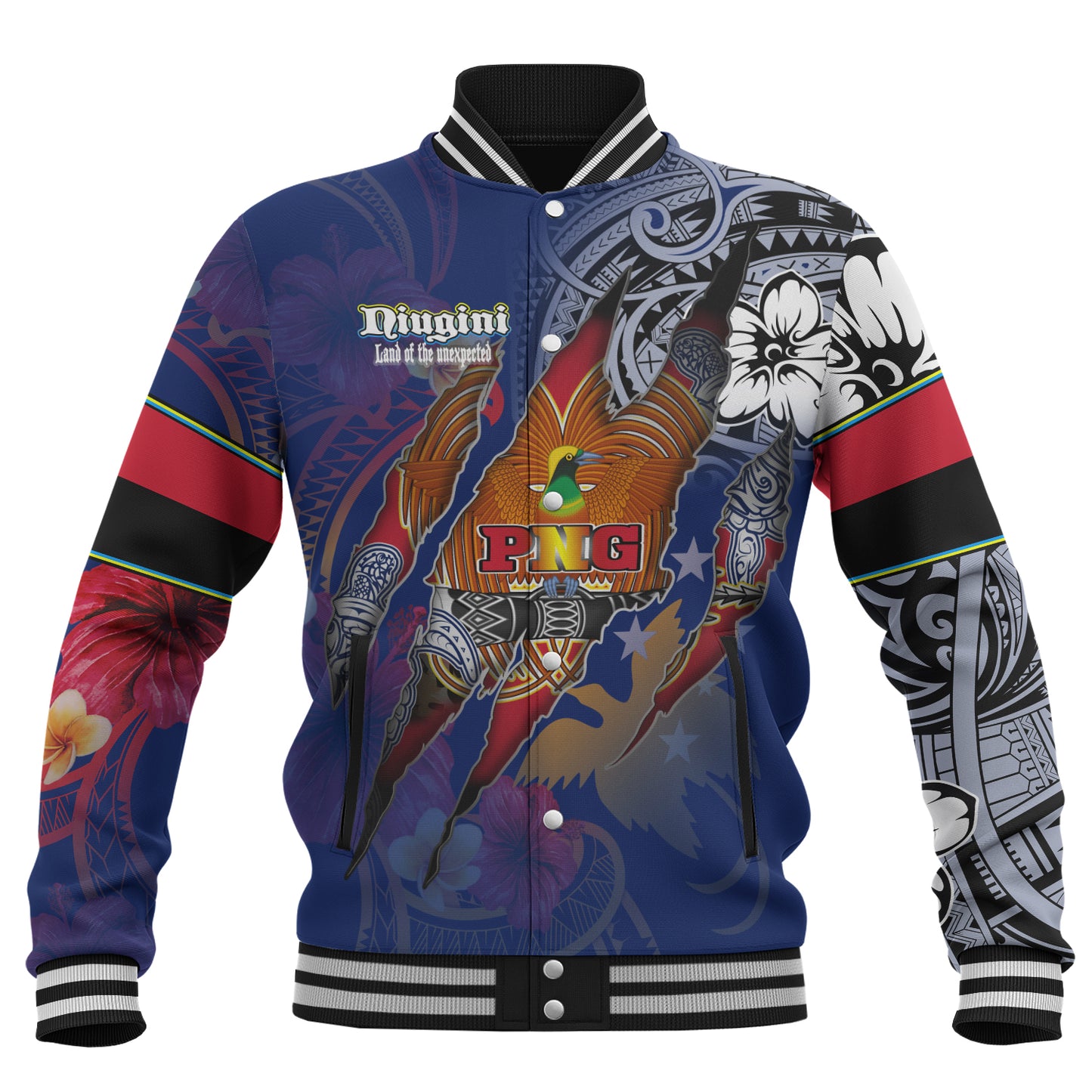 Papua New Guinea Baseball Jacket Custom Papuan Blood Inside Me Polynesian Sleeve Tattoo Tropical Blue