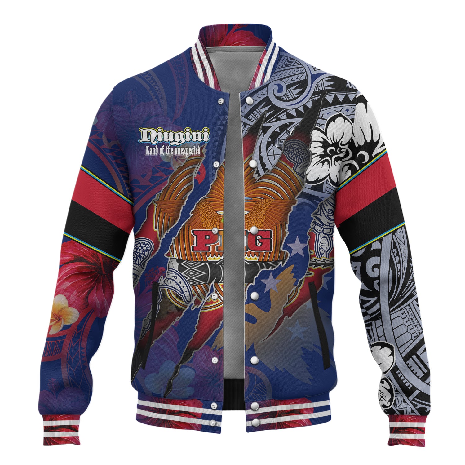 Papua New Guinea Baseball Jacket Custom Papuan Blood Inside Me Polynesian Sleeve Tattoo Tropical Blue