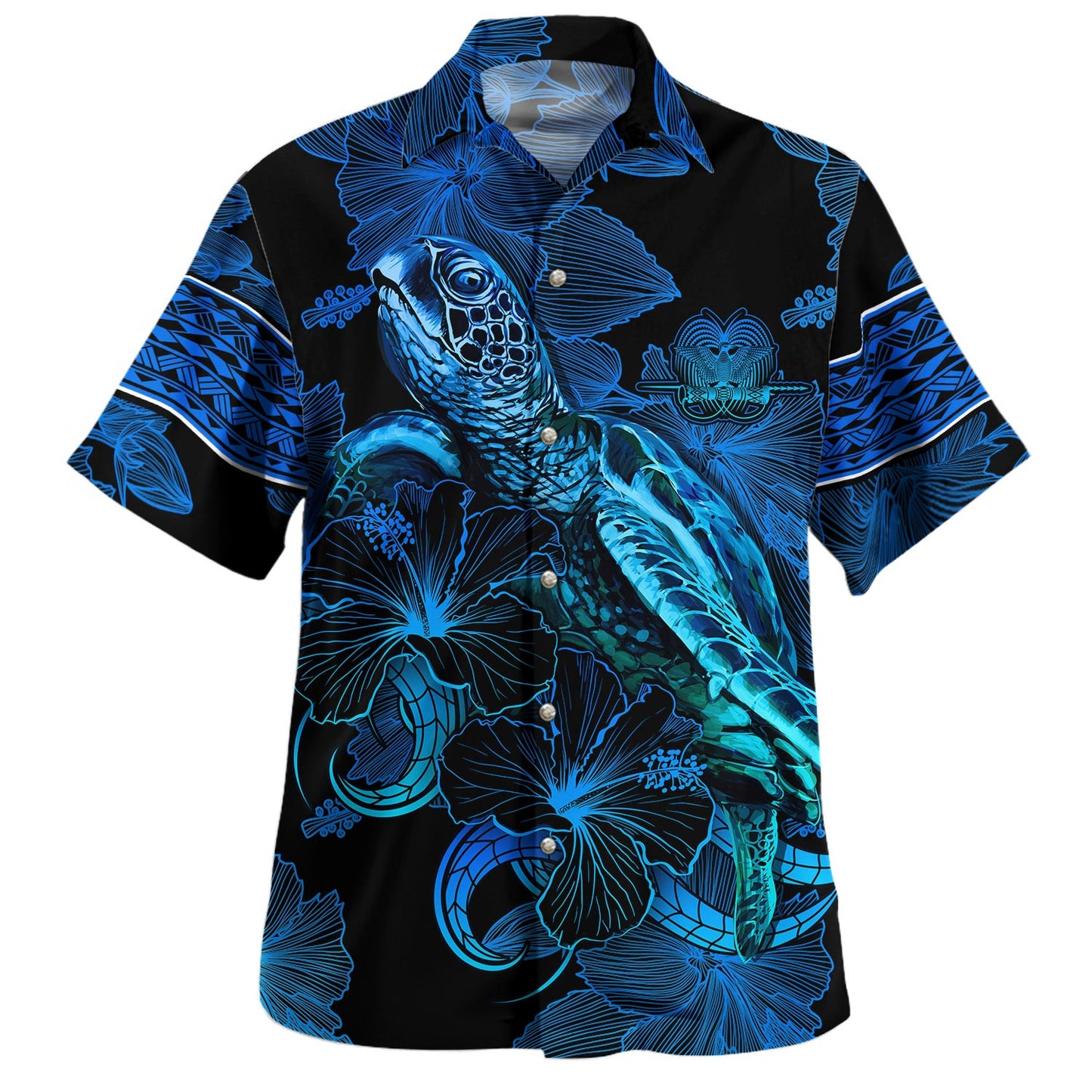 Papua New Guinea Combo Short Sleeve Dress And Shirt Sea Turtle With Blooming Hibiscus Flowers Tribal Blue
